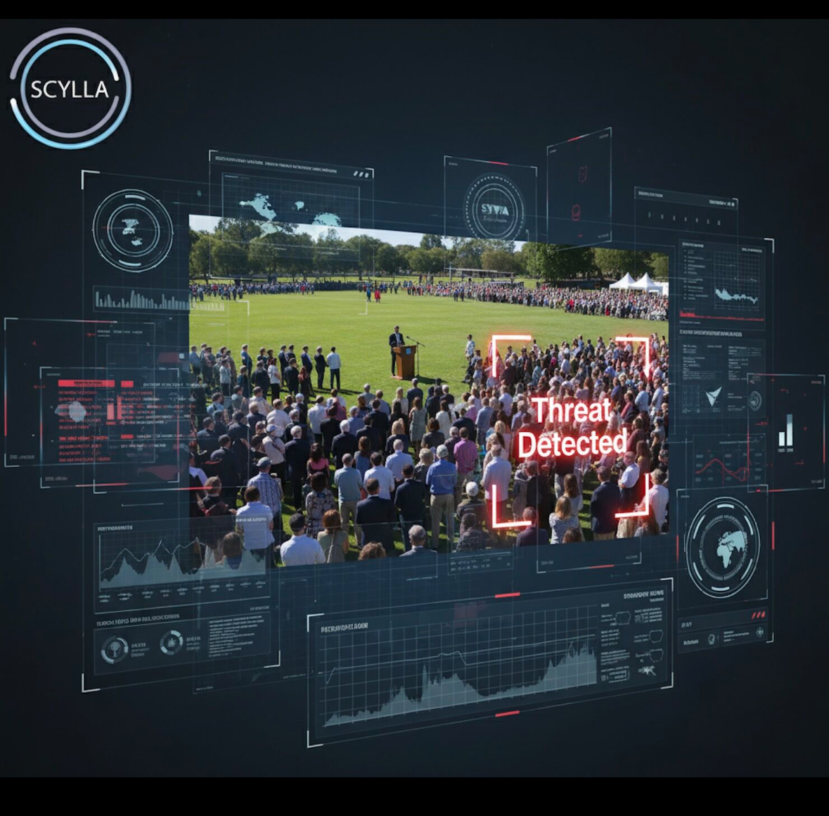 Scylla threat detection interface scanning a large outdoor crowd at an event, with red overlay text reading “Threat Detected” surrounded by futuristic security and data analytics graphics.
