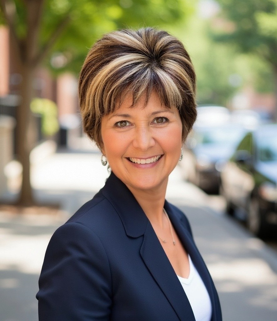 “Smiling woman in a white blouse standing on a tree-lined city sidewalk with cars parked in the background.”