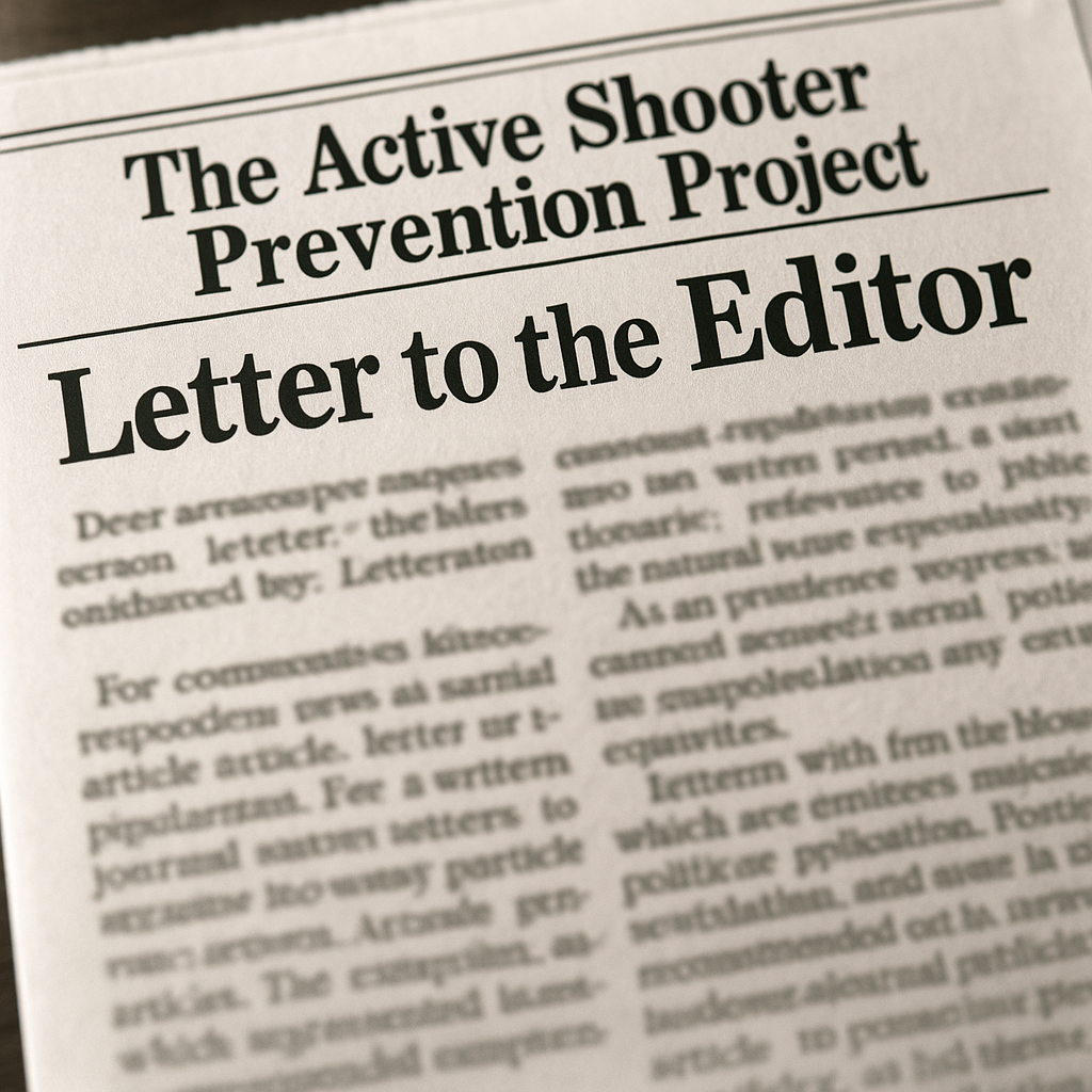 "Newspaper-style editorial headline reading 'The Active Shooter Prevention Project – Letter to the Editor,' representing a formal public awareness message about active shooter prevention and community safety." This phrasing captures the visual details, highlights the organization name (Active Shooter Prevention Project), and emphasizes the theme of prevention and public safety, which makes it both descriptive and SEO-friendly.