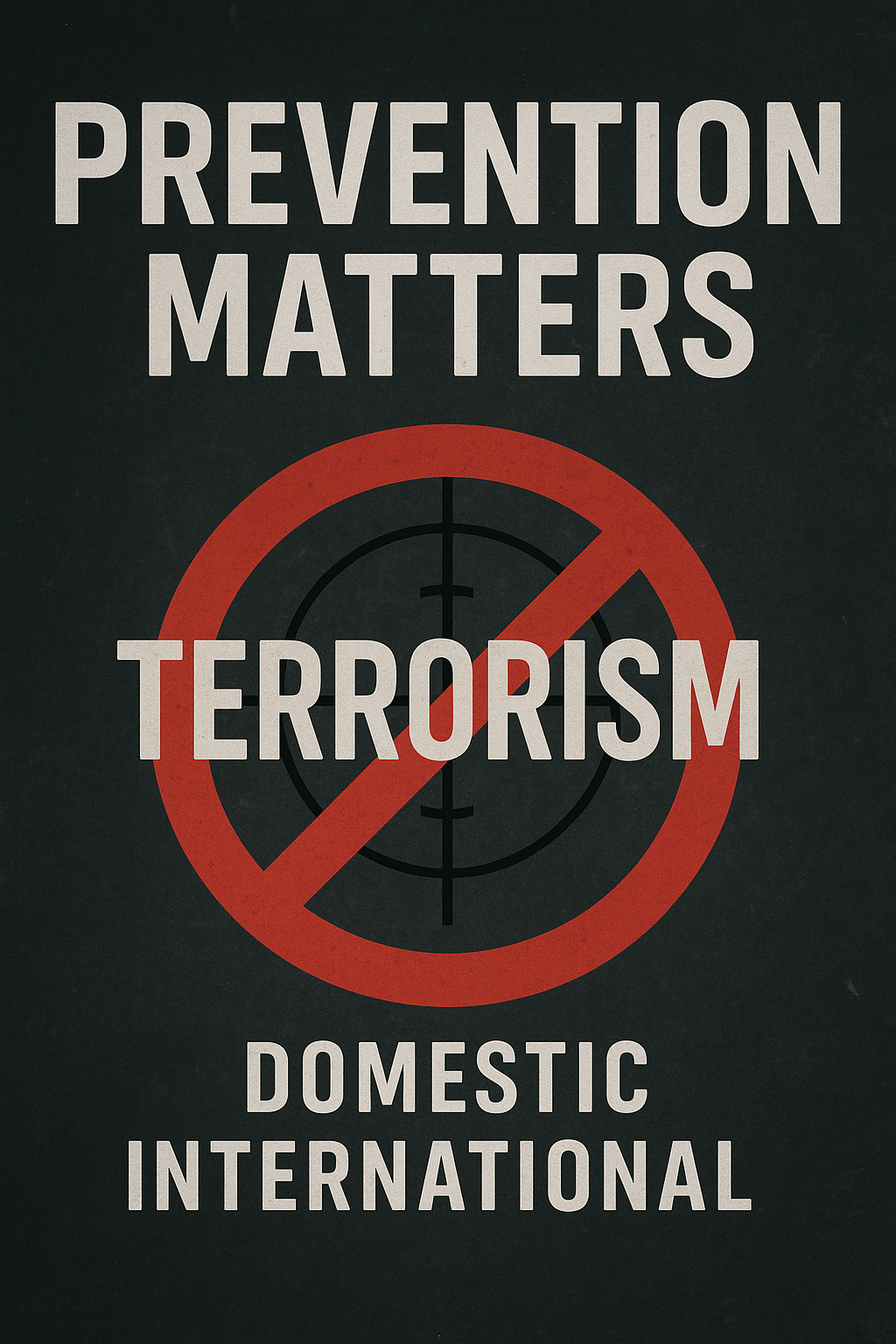 “Graphic with the phrase ‘Prevention Matters’ above a red no-terrorism symbol over a crosshair, representing domestic and international terrorism prevention; created for Chris Grollnek, America’s leading active shooter expert and founder of the Active Shooter Prevention Project™.”