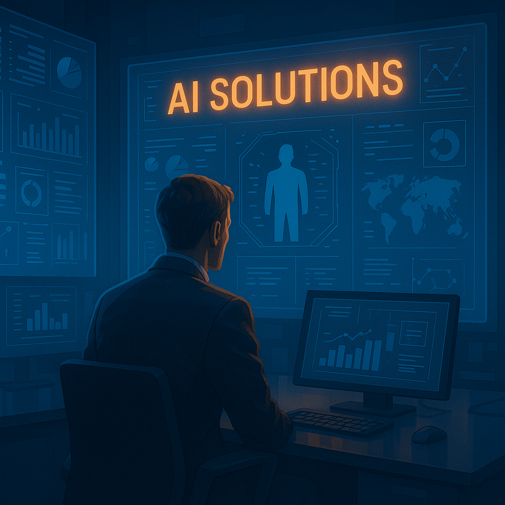 Futuristic AI command interface visualizing data analytics and decision-making, representing the Active Shooter Prevention Project™ approach to intelligent threat detection and prevention.