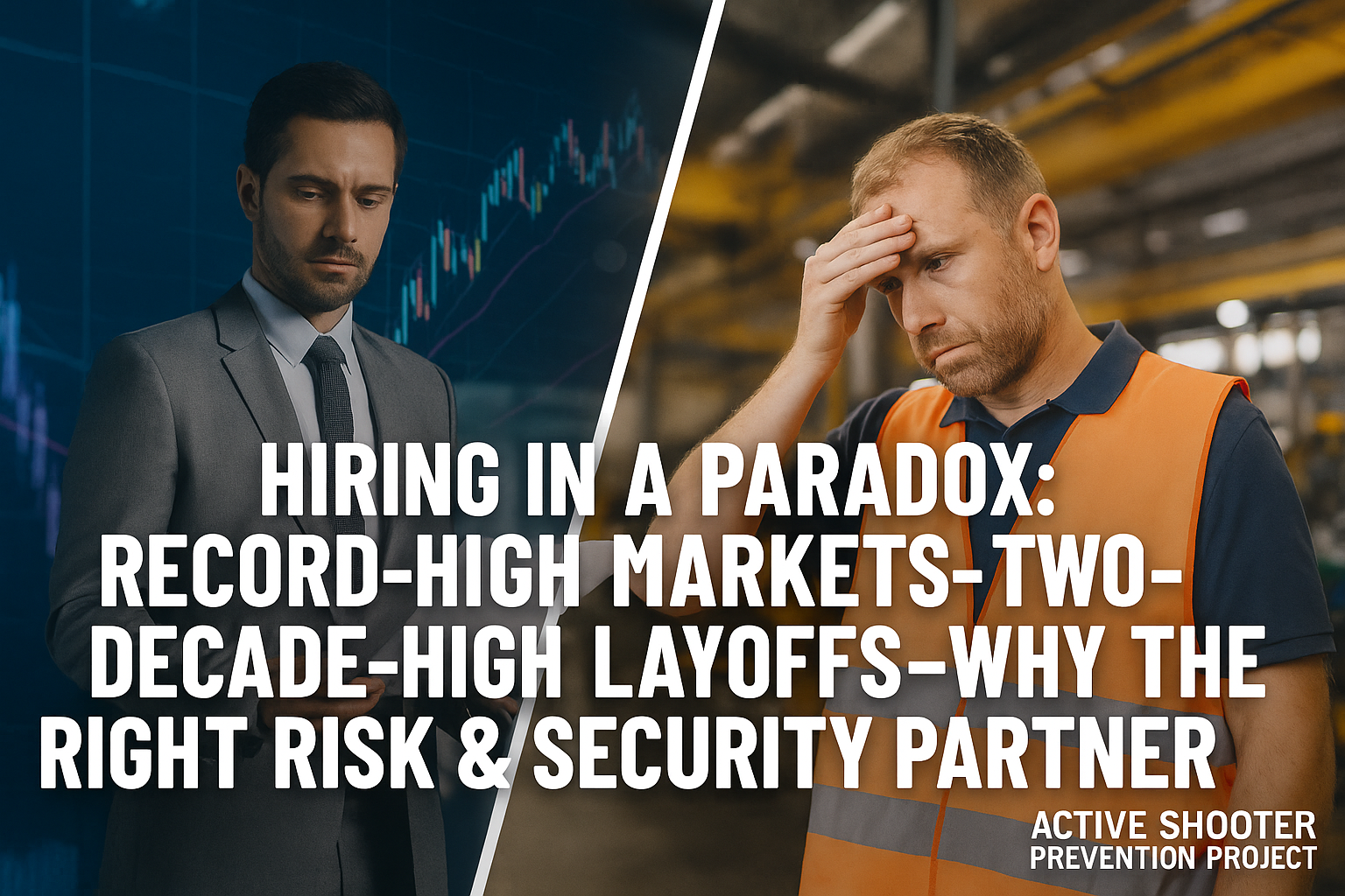 Two professionals in contrasting settings one in a business suit analyzing market data, the other in a safety vest looking stressed on the job symbolize the paradox of record-high markets and rising layoffs. Text overlay reads: “Hiring in a Paradox: Record-High Markets Two-Decade-High Layoffs – Why the Right Risk & Security Partner Matters.”