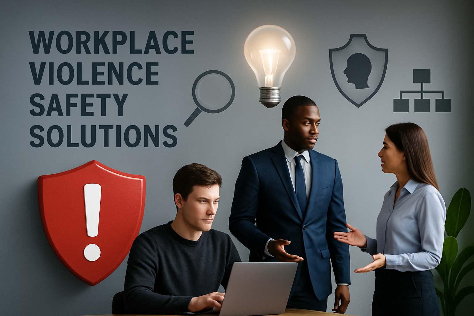 A professional workplace scene with three employees discussing safety measures beside icons of shields, lightbulbs, and organizational charts, emphasizing workplace violence prevention and security solutions.