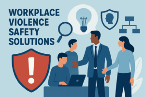 Illustration of workplace violence safety solutions showing a diverse team discussing prevention strategies, surrounded by icons like a shield, lightbulb, and magnifying glass.