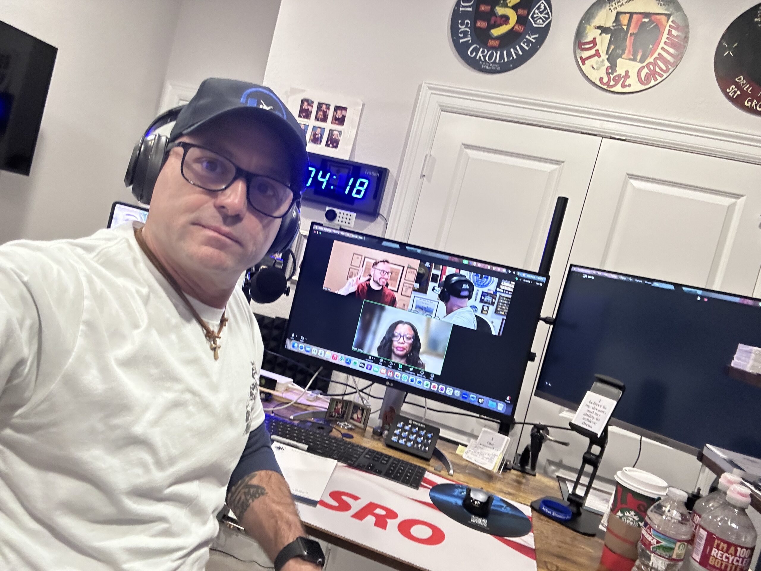 Podcast recording setup featuring Active Shooter Prevention Project founder Chris Grollnek hosting a virtual interview with Patrice Whitten on Destination #NEVERHERE™, focusing on real-world violence prevention, preparedness, and recovery.