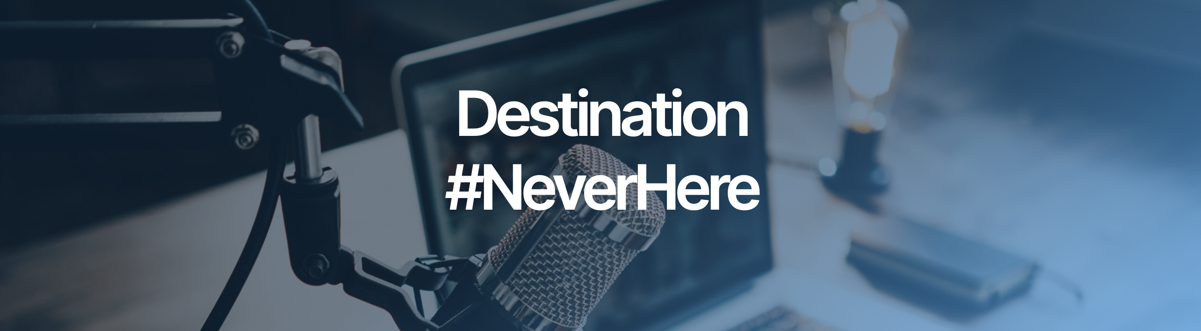 Professional podcast microphone and studio setup with the text “Destination #NeverHere,” representing the Active Shooter Prevention Project’s mission of preparedness and prevention.