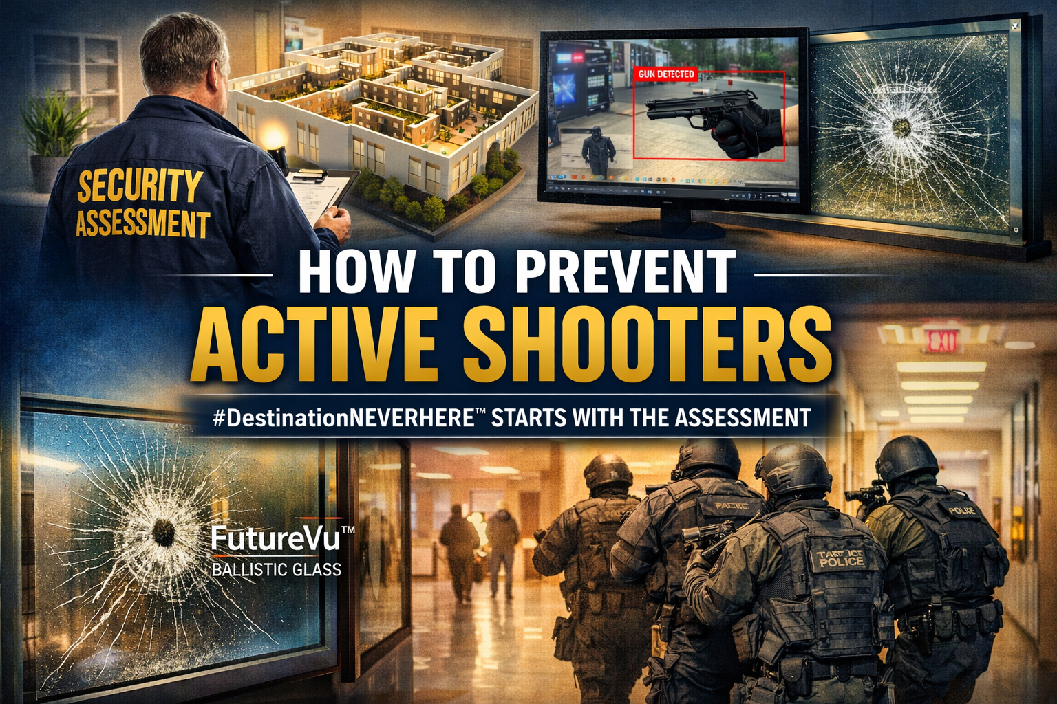 How to Prevent Active Shooters Assessment-first security approach showing digital twin planning, AI video analytics, and layered physical protection inside a facility.