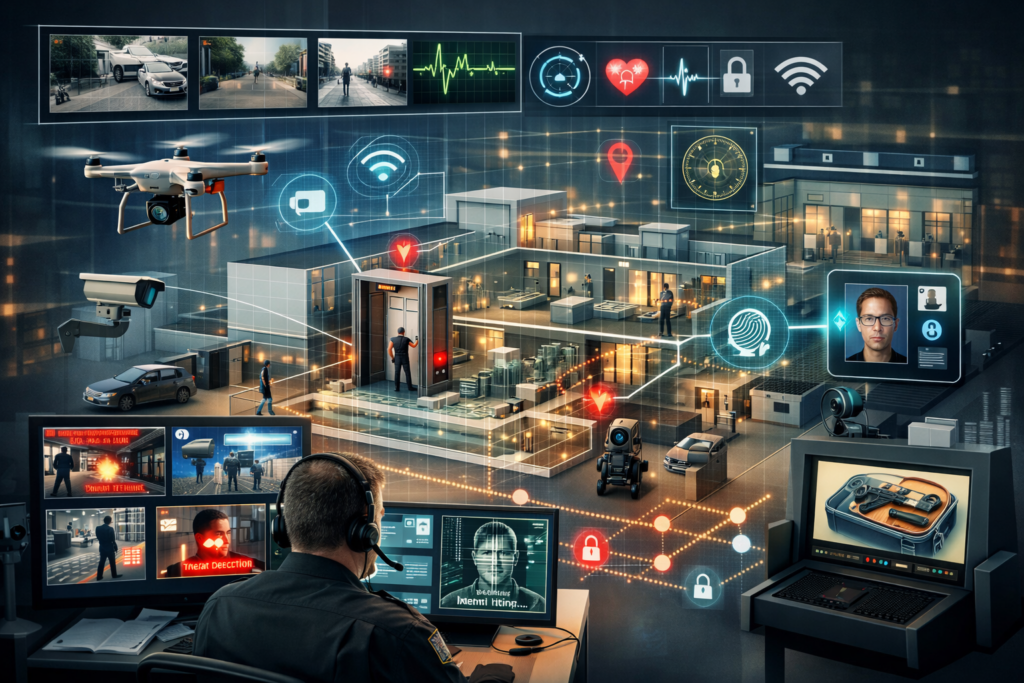 Indoor digital twin visualization showing drones, metal detection, monitoring systems, and physical security elements mapped across a building environment