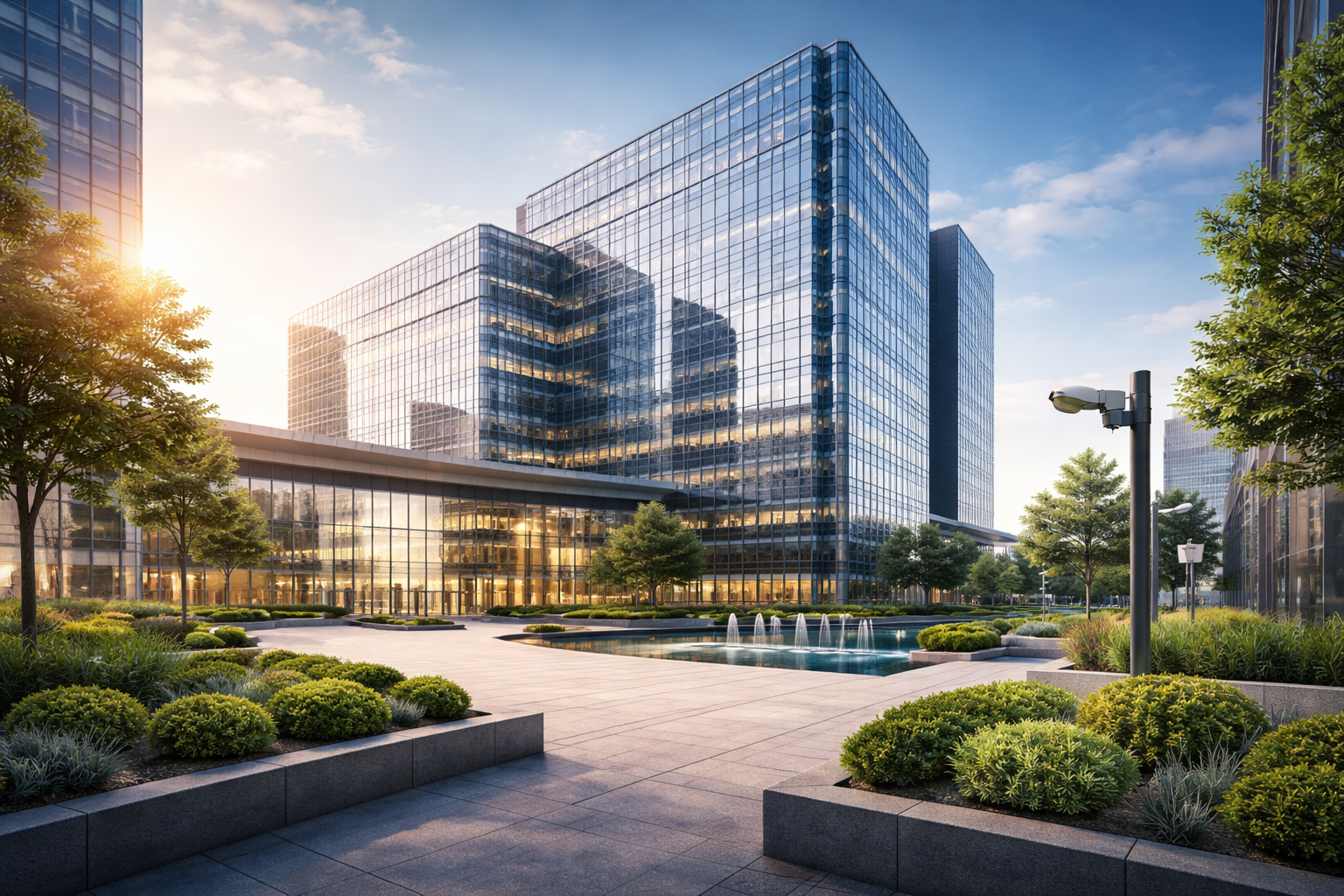 Modern commercial building representing prevention-based security and liability risk mitigation