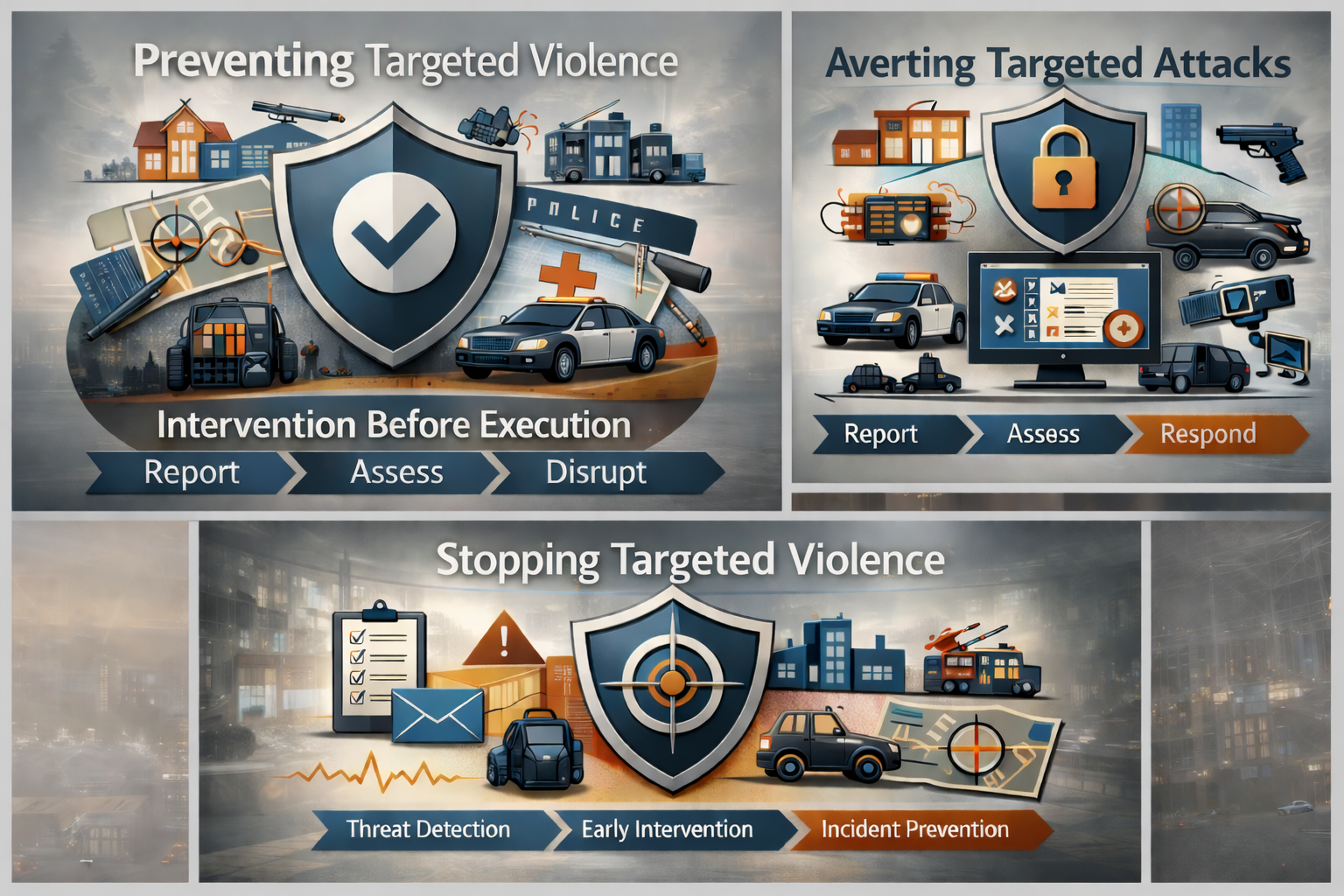 Graphic illustrating how preventing targeted violence works through threat detection, early intervention, and incident prevention before attacks occur