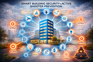 Smart building security technology supporting active shooter prevention and liability risk mitigation