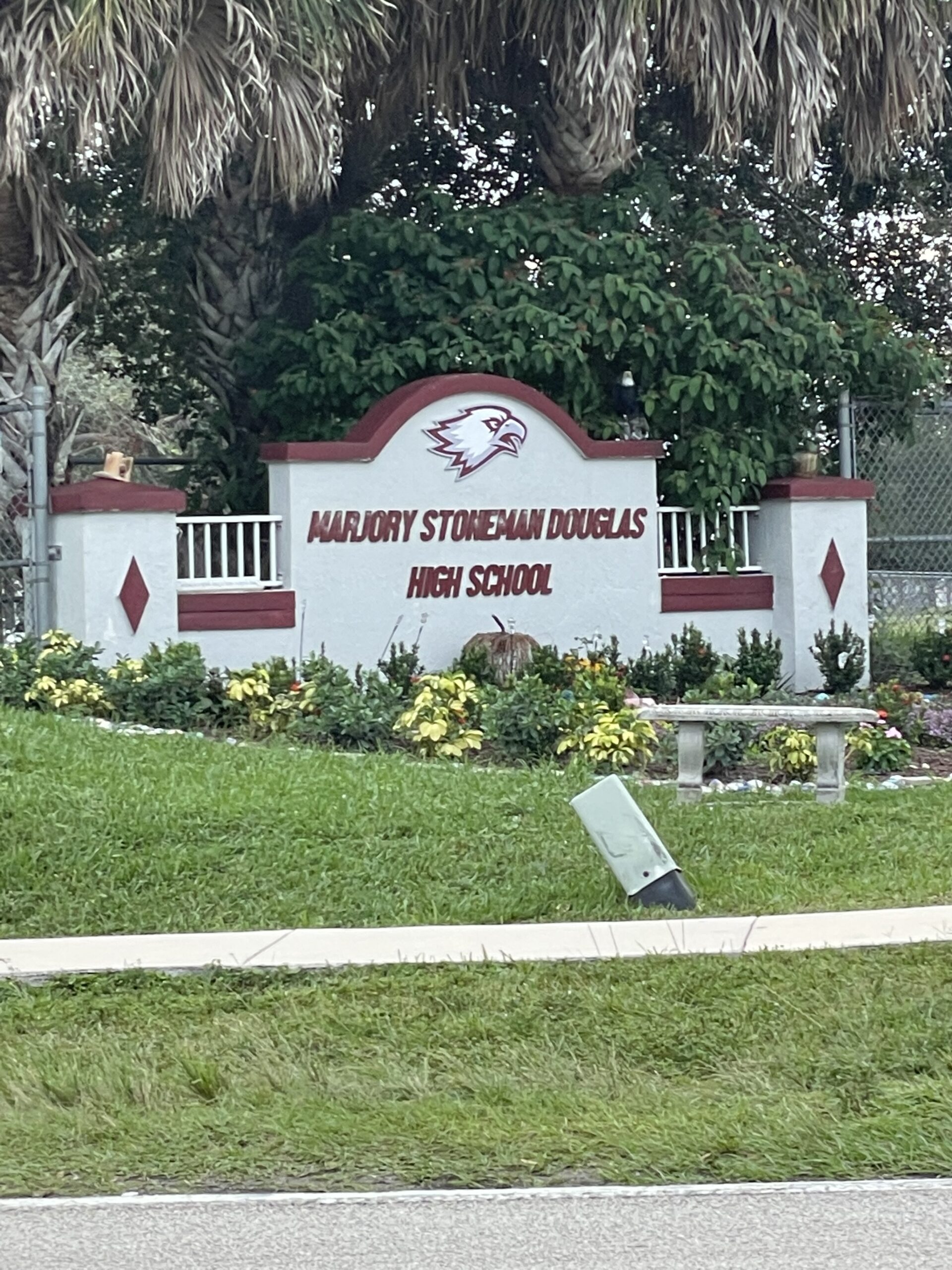 Marjory Stoneman Douglas High School sign in Parkland, Florida, commemorating the eight-year anniversary of the Parkland school shooting and honoring the 17 victims.