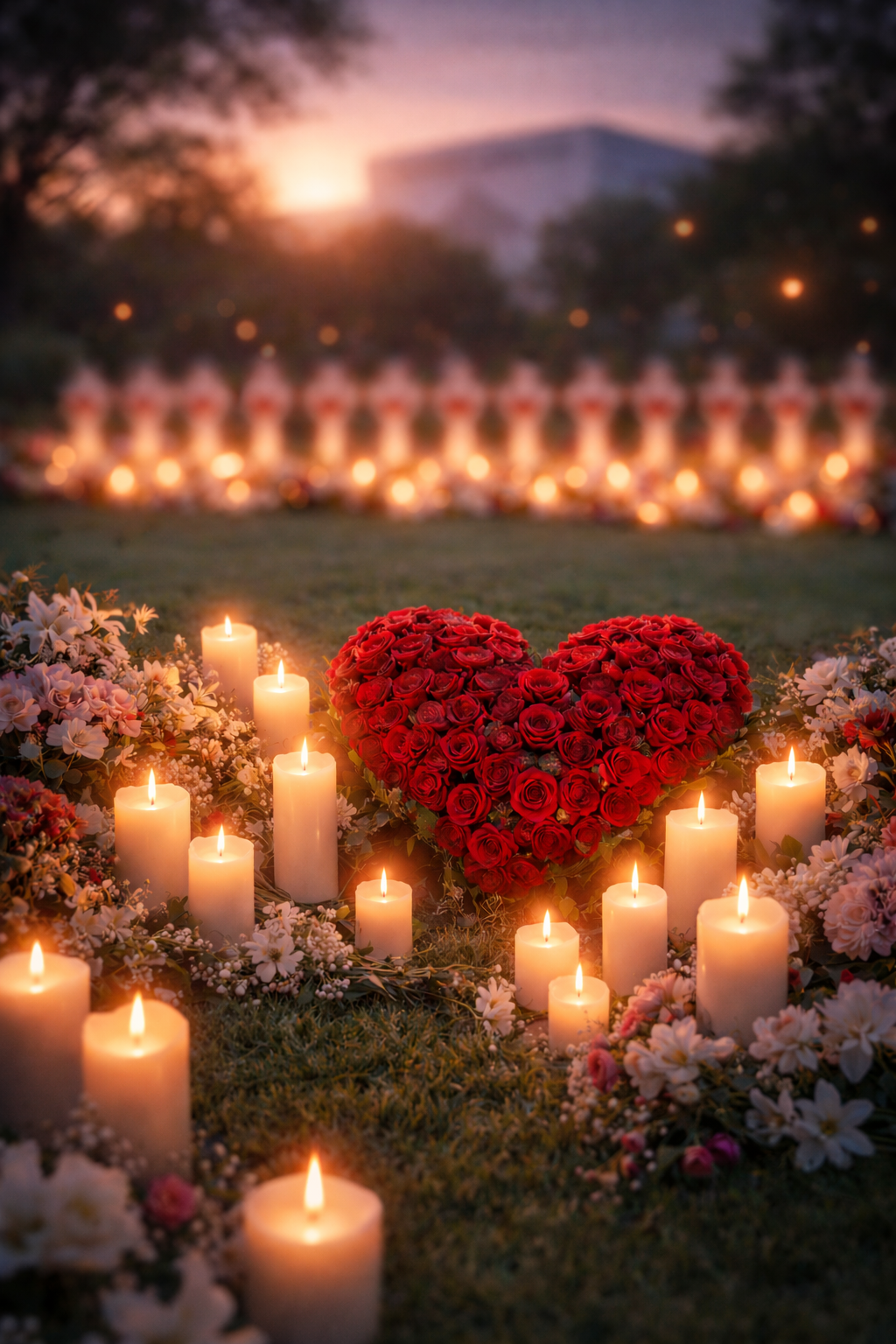 Candlelight vigil with heart-shaped red roses honoring the 17 victims of the Parkland school shooting at Marjory Stoneman Douglas High School.