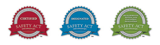 DHS SAFETY Act Designation and Certification seals illustrating liability protection levels for anti-terrorism technologies