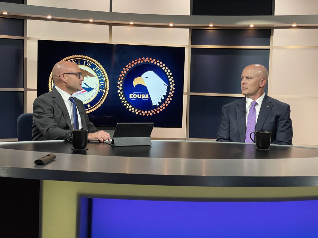 Chris Grollnek and Chuck Savickis on the Department of Justice EOUSA set during 2022 filming for the P.R.O. Model active shooter prevention national standard